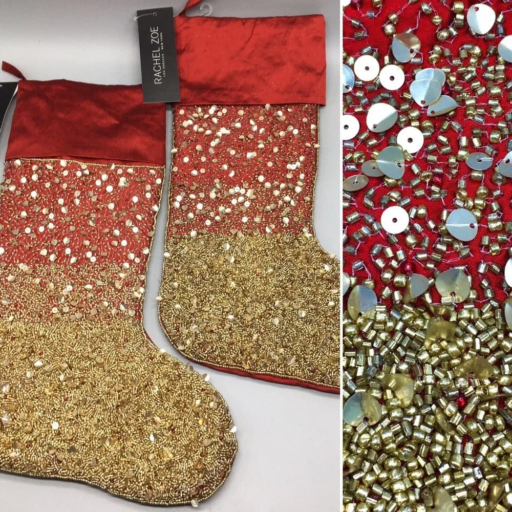 4 Rachel Zoe RED GOLD Beads Sequins Christmas Stocking Set Ombre Luxury Designer